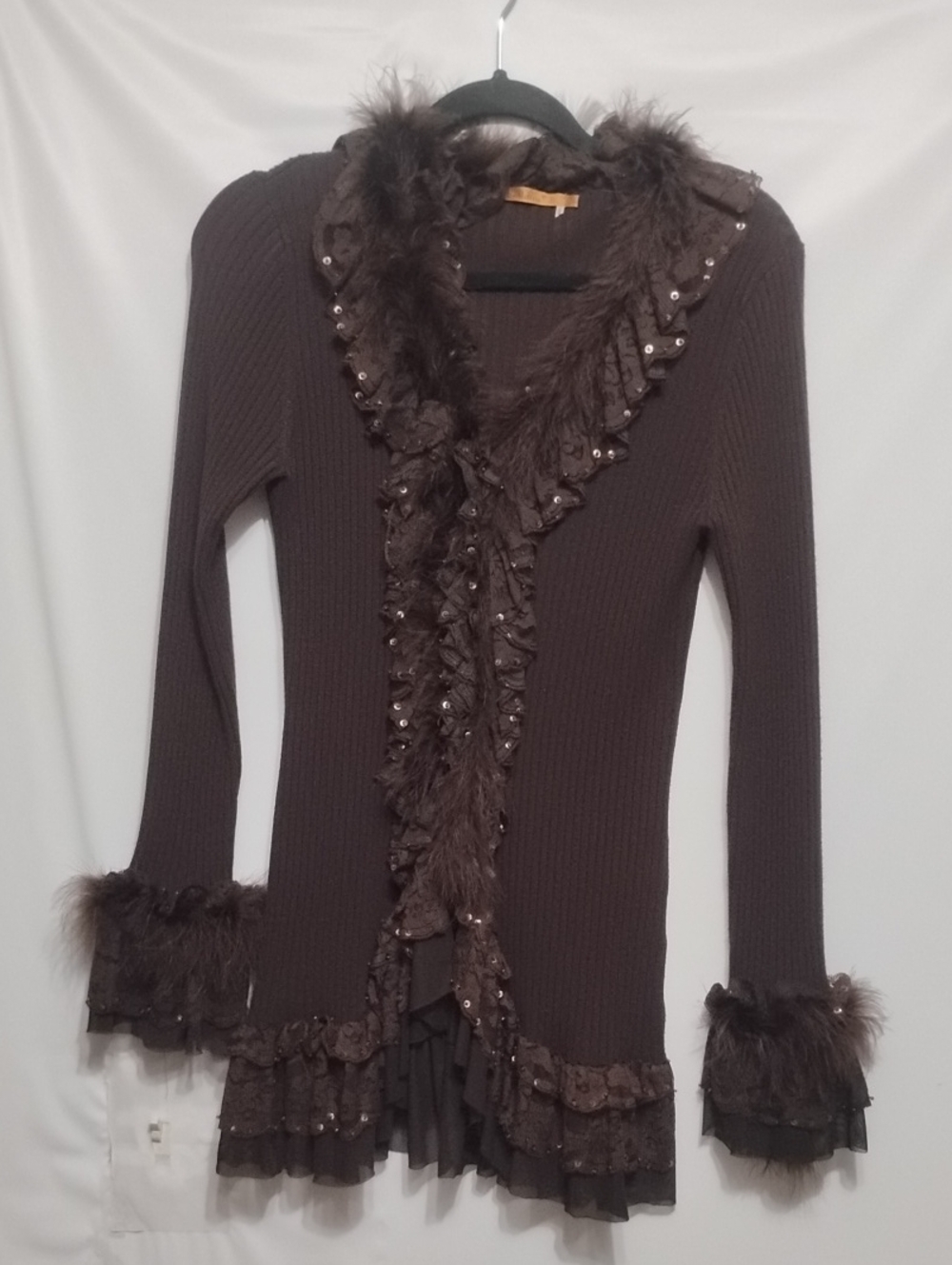 Belldini Y2K Fairycore Style Brown Ruffle Trim Knit Cardigan with Faux Fur